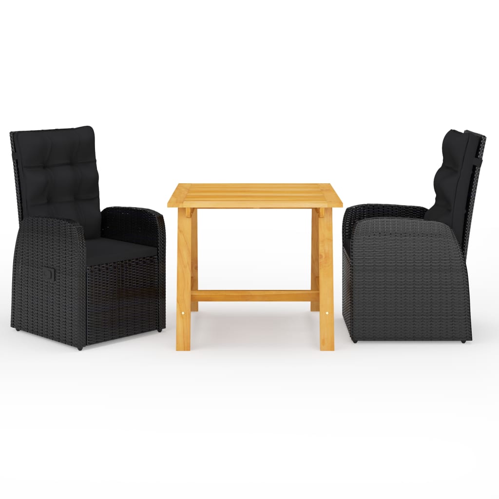 vidaXL 3 Piece Garden Dining Set with Cushions Black Poly Rattan