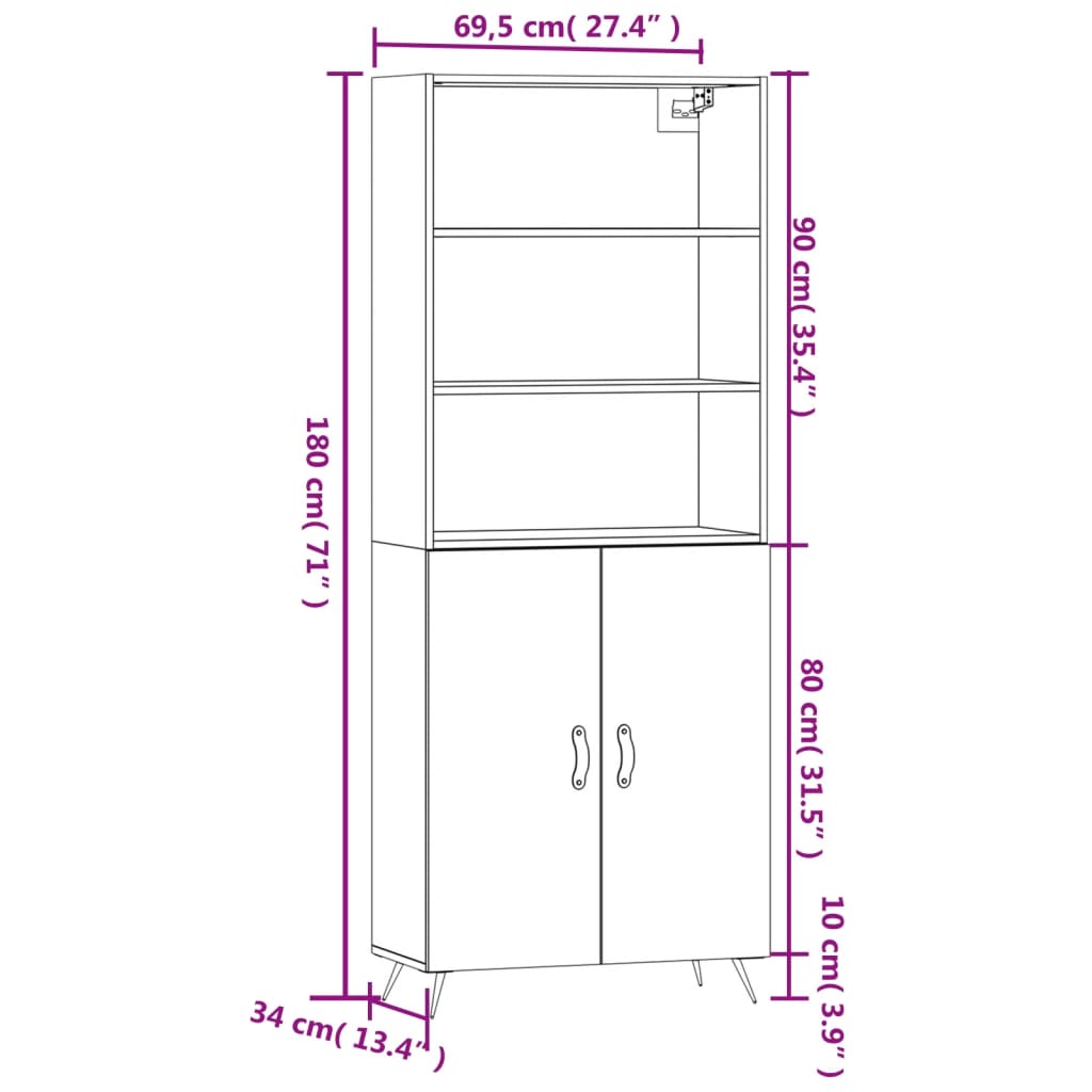 vidaXL Highboard Concrete Grey 69.5x34x180 cm Engineered Wood