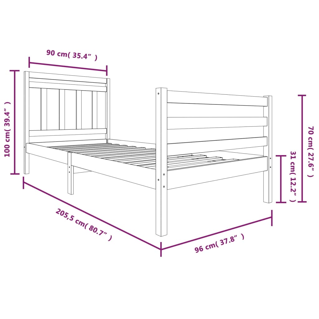 vidaXL Bed Frame without Mattress Black Solid Wood 90x200 cm