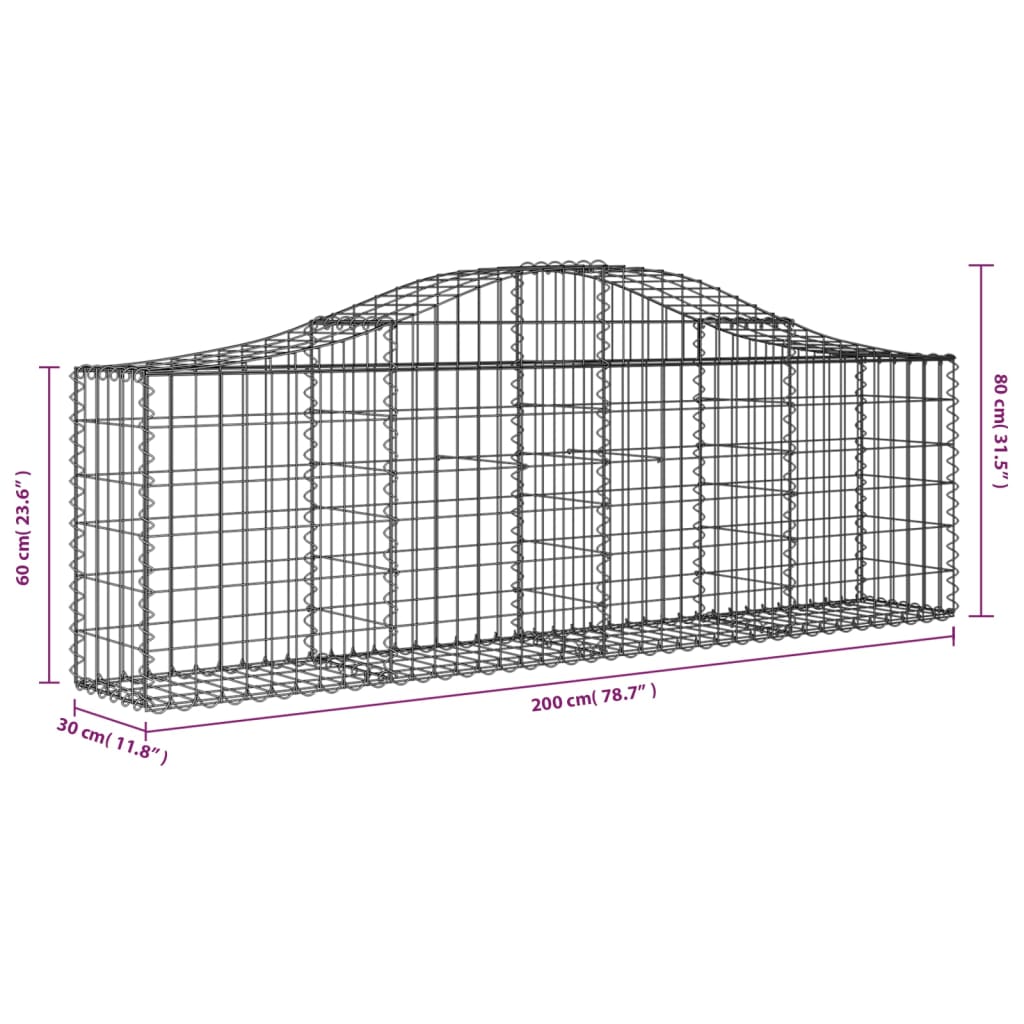 vidaXL Arched Gabion Basket 200x30x60/80 cm Galvanised Iron