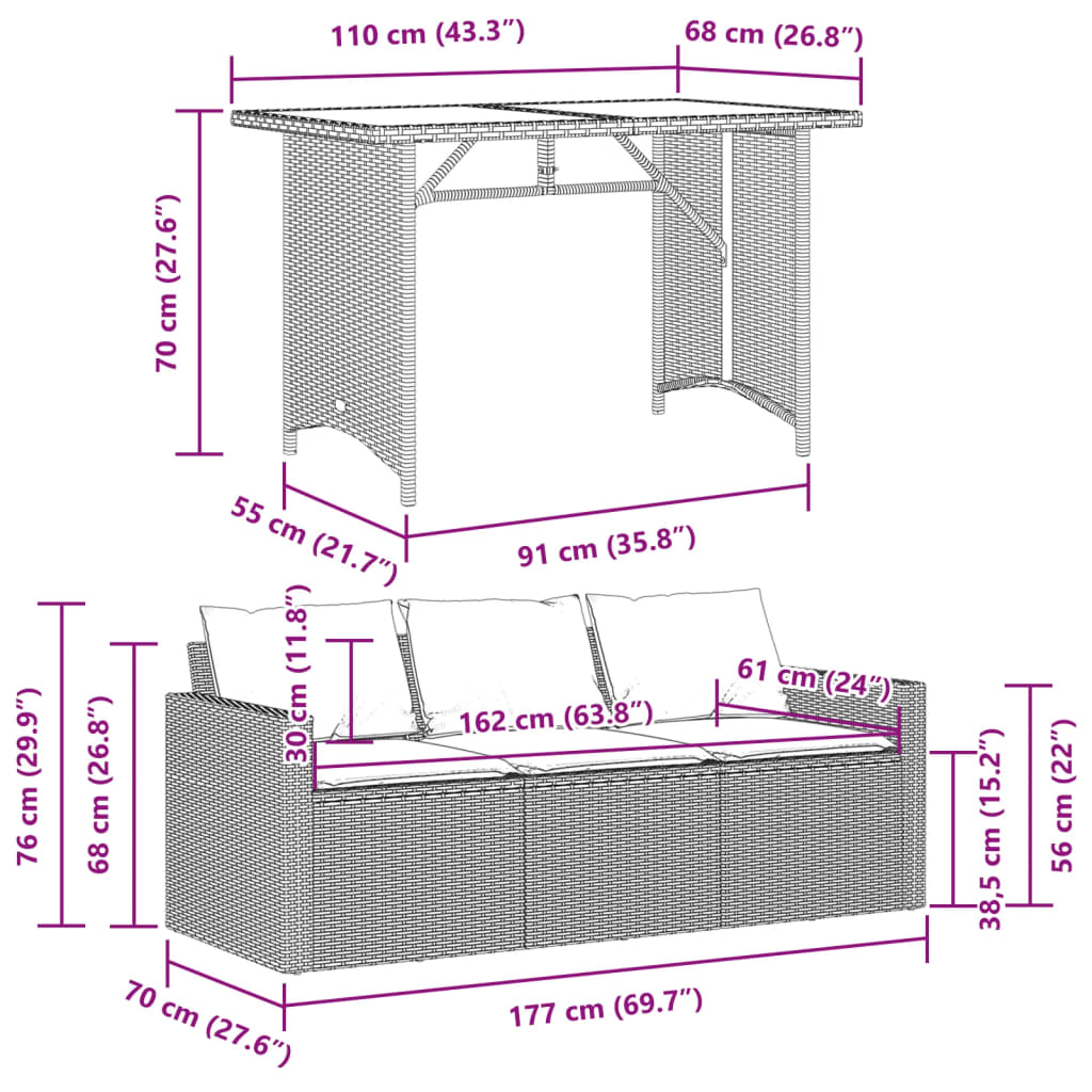 vidaXL 2 Piece Garden Dining Set with Cushions Light Grey Poly Rattan