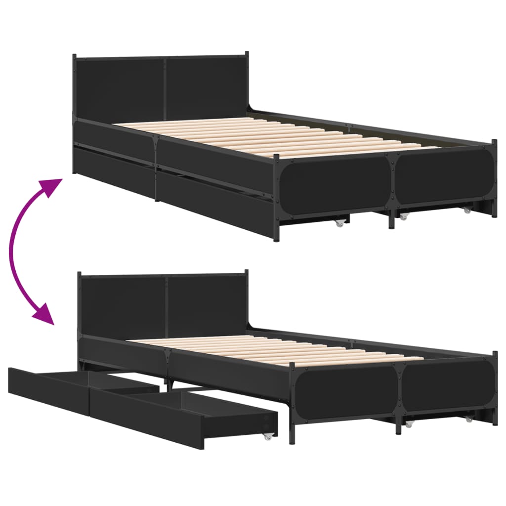 vidaXL Bed Frame with Drawers without Mattress Black 75x190 cm Small Single