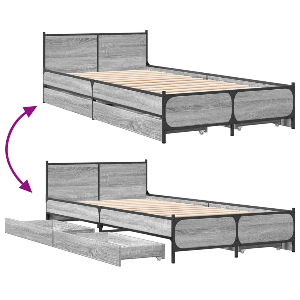 vidaXL Bed Frame with Drawers without Mattress Grey Sonoma 90x190 cm Single