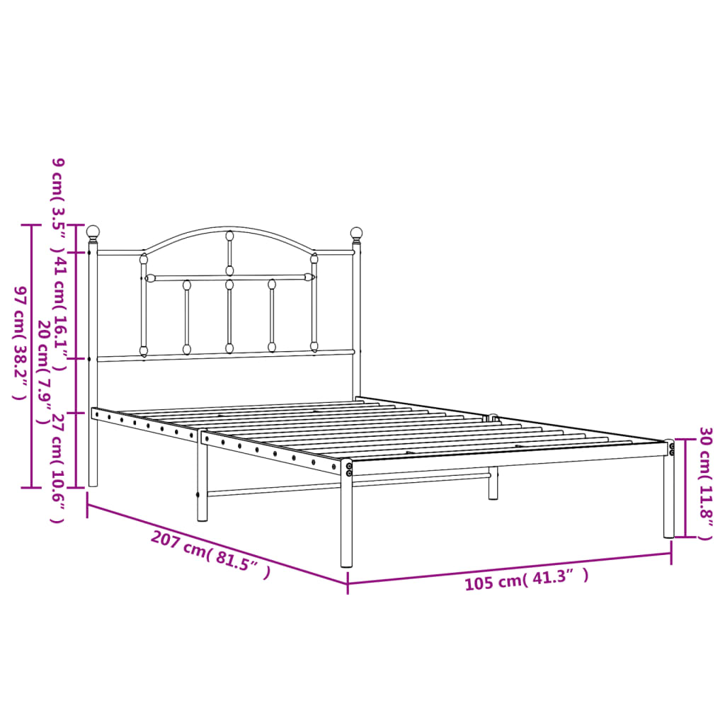 vidaXL Metal Bed Frame without Mattress with Headboard White 100x200 cm