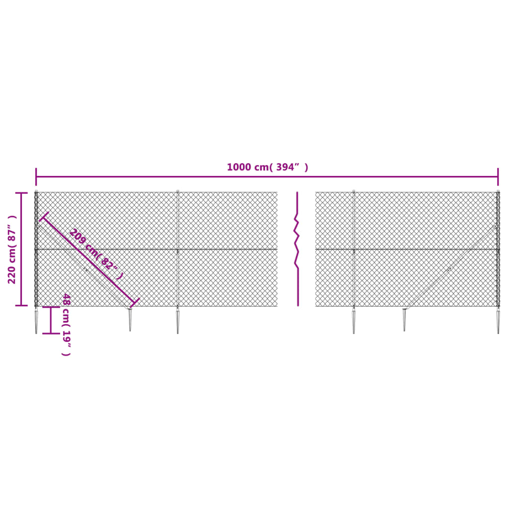 vidaXL Chain Link Fence with Spike Anchors Silver 2.2x10 m