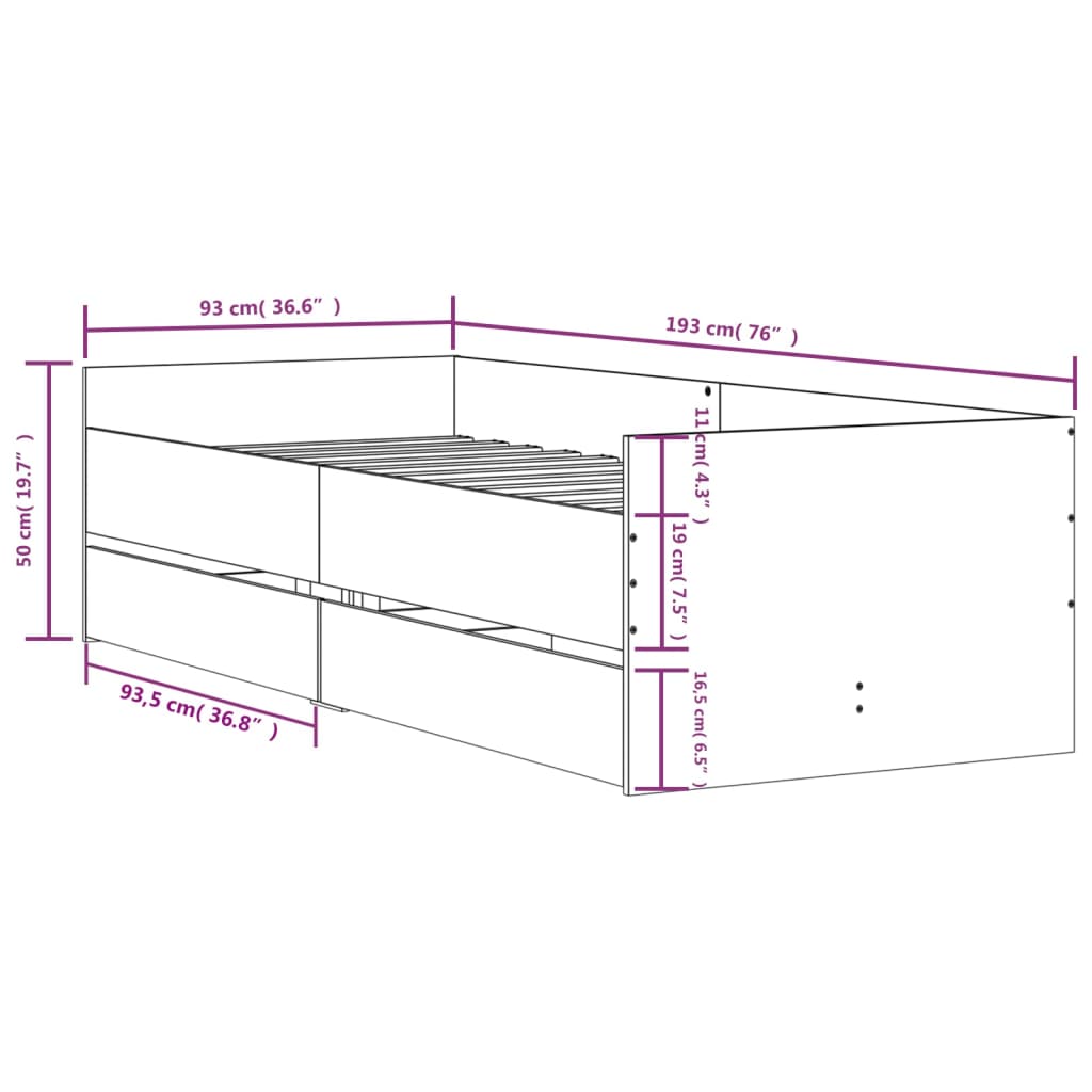 vidaXL Bed Frame with Drawers without Mattress Grey Sonoma 90x190 cm Single