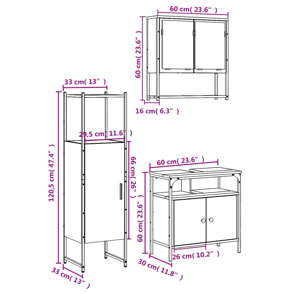 vidaXL 3 Piece Bathroom Furniture Set Smoked Oak Engineered Wood