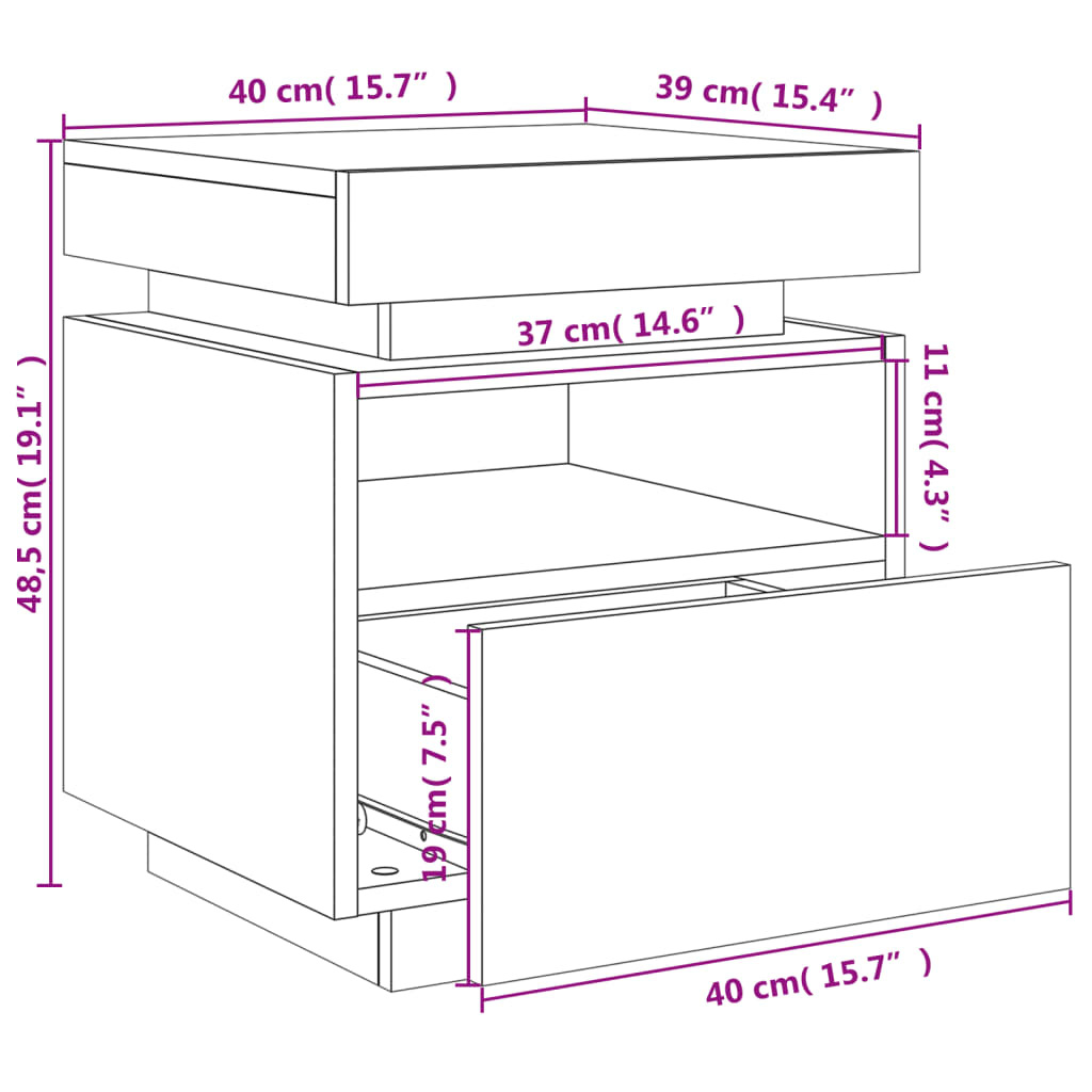 vidaXL Bedside Cabinet with LED Lights Concrete Grey 40x39x48.5 cm