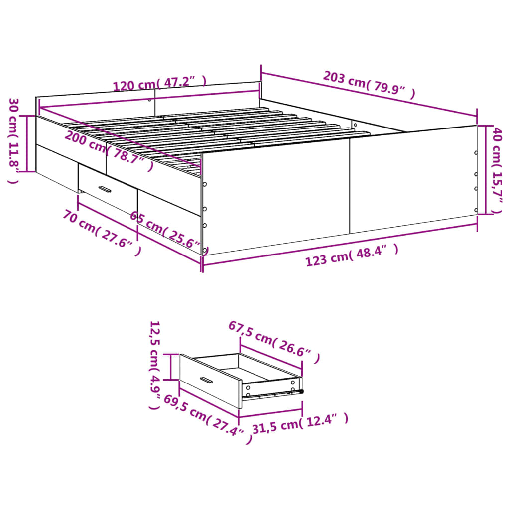 vidaXL Bed Frame with Drawers without Mattress Grey Sonoma 120x200 cm