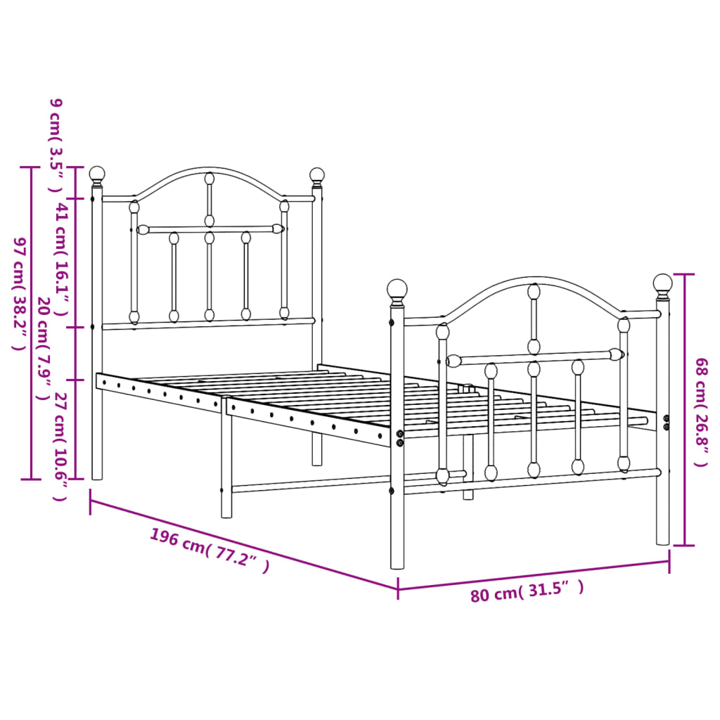 vidaXL Metal Bed Frame without Mattress with Footboard Black 75x190 cm Small Single