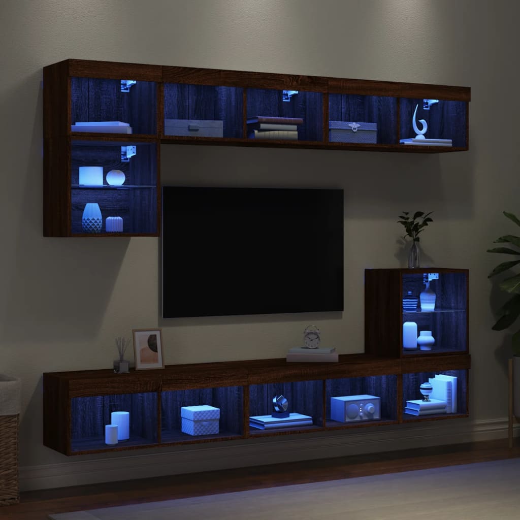 vidaXL 8 Piece TV Wall Units with LED Brown Oak Engineered Wood