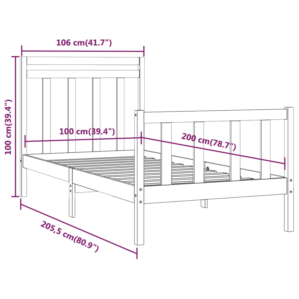 vidaXL Bed Frame without Mattress White Solid Wood Pine 100x200 cm