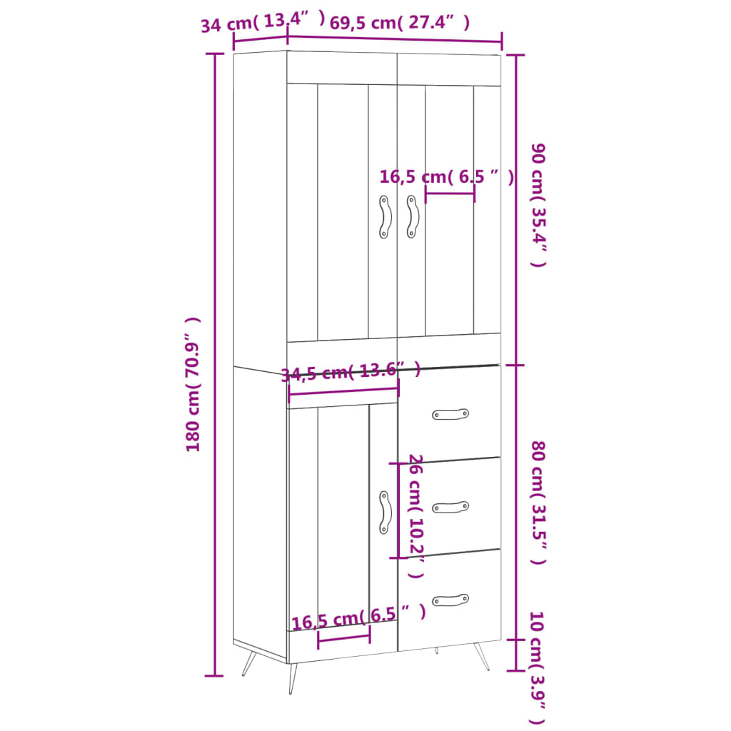 vidaXL Highboard Grey Sonoma 69.5x34x180 cm Engineered Wood