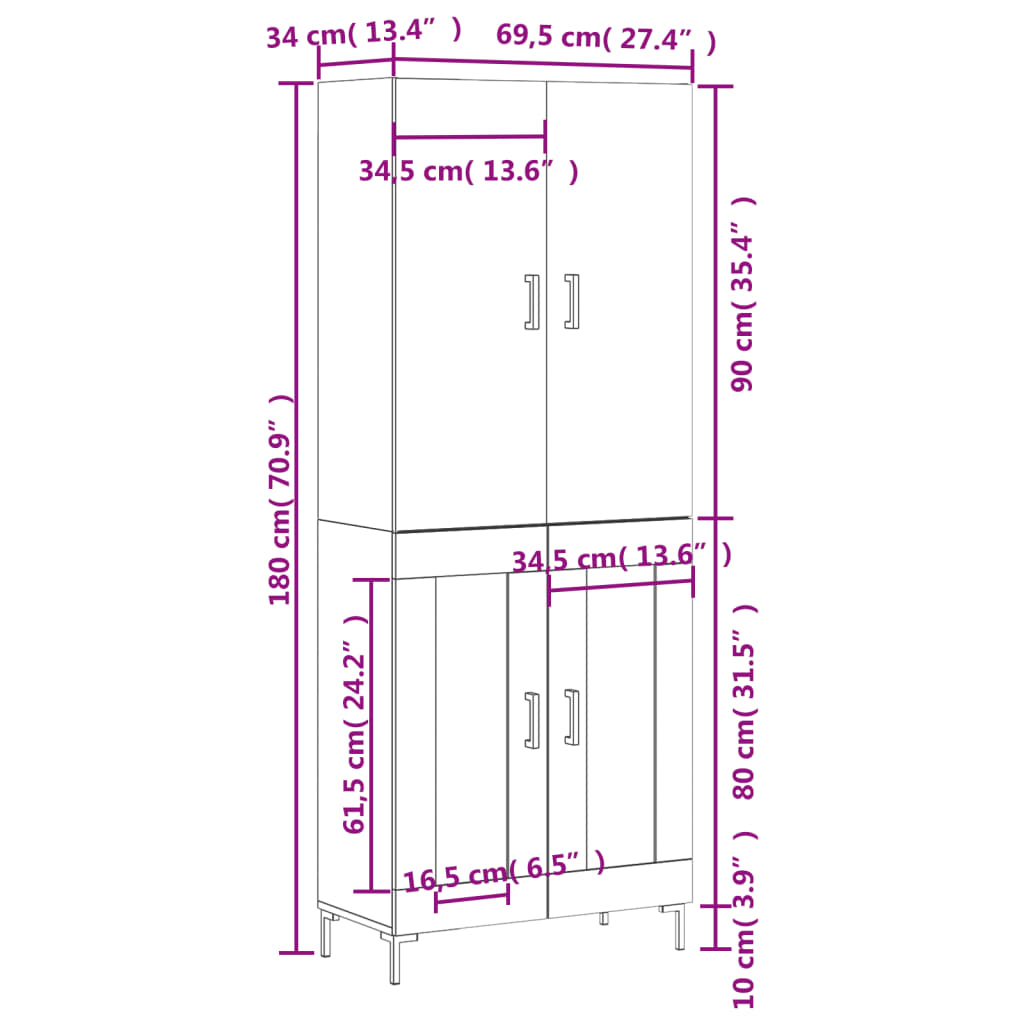 vidaXL Highboard Concrete Grey 69.5x34x180 cm Engineered Wood