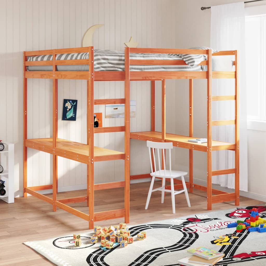 vidaXL Loft Bed with Desk and Ladder Wax Brown 140x200 cm Solid Wood Pine