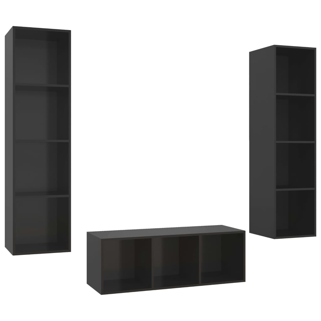 vidaXL 3 Piece TV Cabinet Set High Gloss Black Engineered Wood