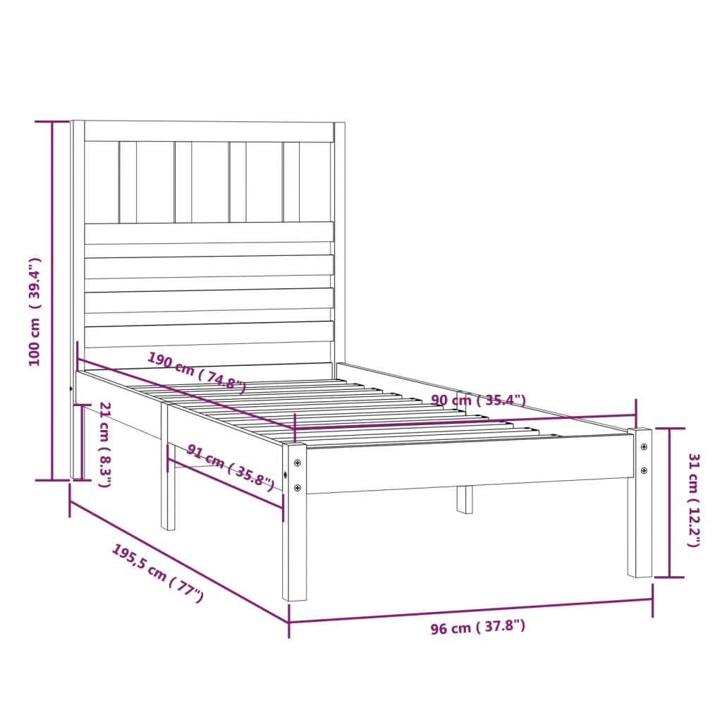 vidaXL Bed Frame without Mattress Black 90x190 cm Single Solid Wood Pine