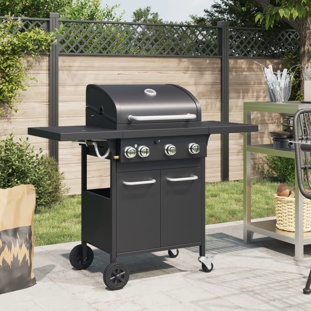 vidaXL Gas BBQ Grill with 4 Burners Black Powder-coated Steel