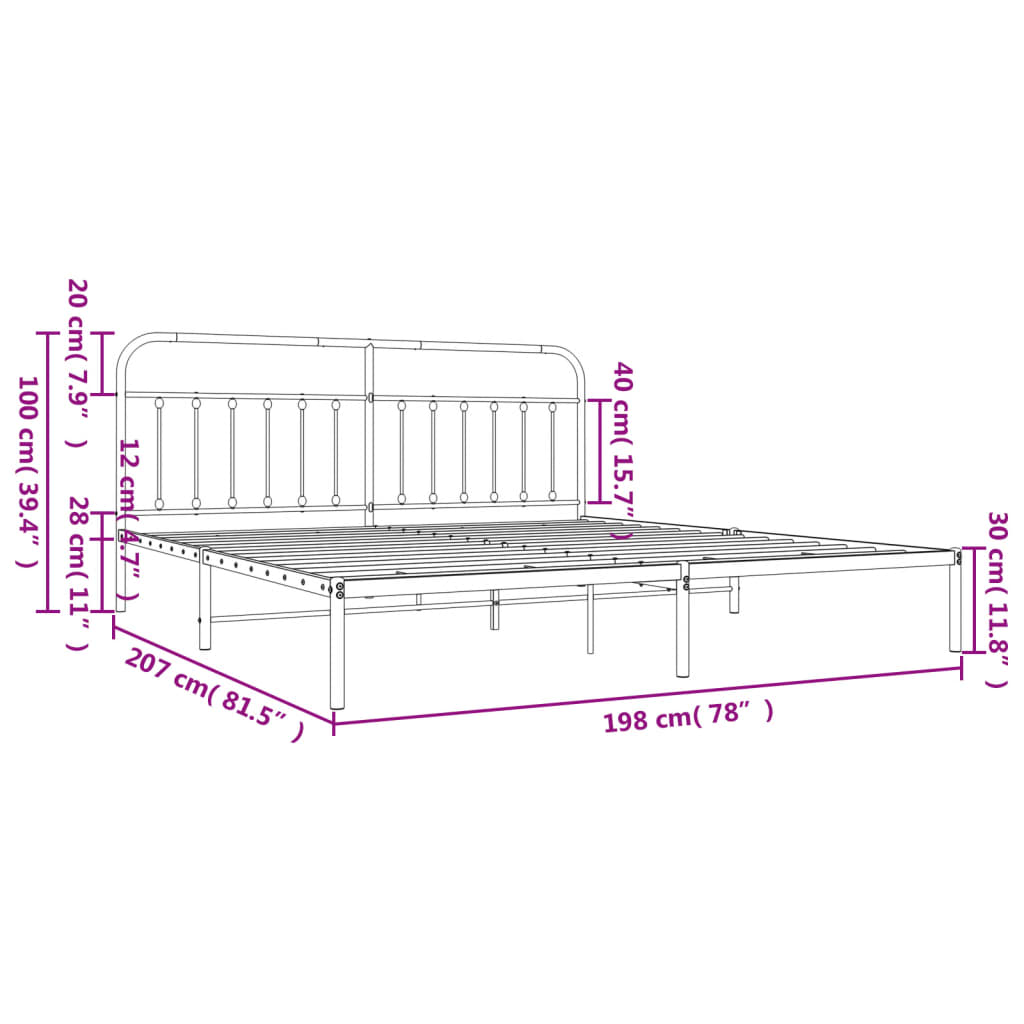 vidaXL Metal Bed Frame without Mattress with Headboard Black 193x203 cm