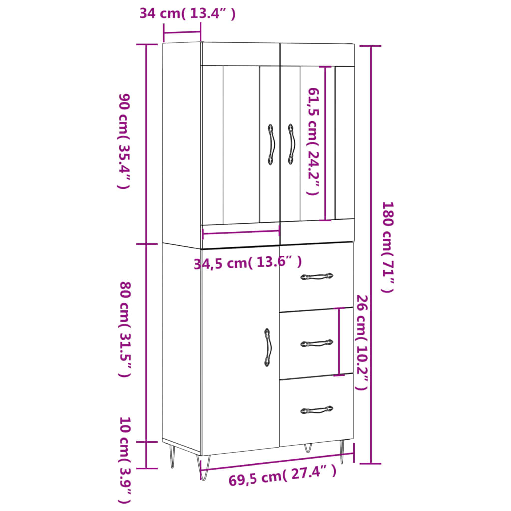 vidaXL Highboard Grey Sonoma 69.5x34x180 cm Engineered Wood