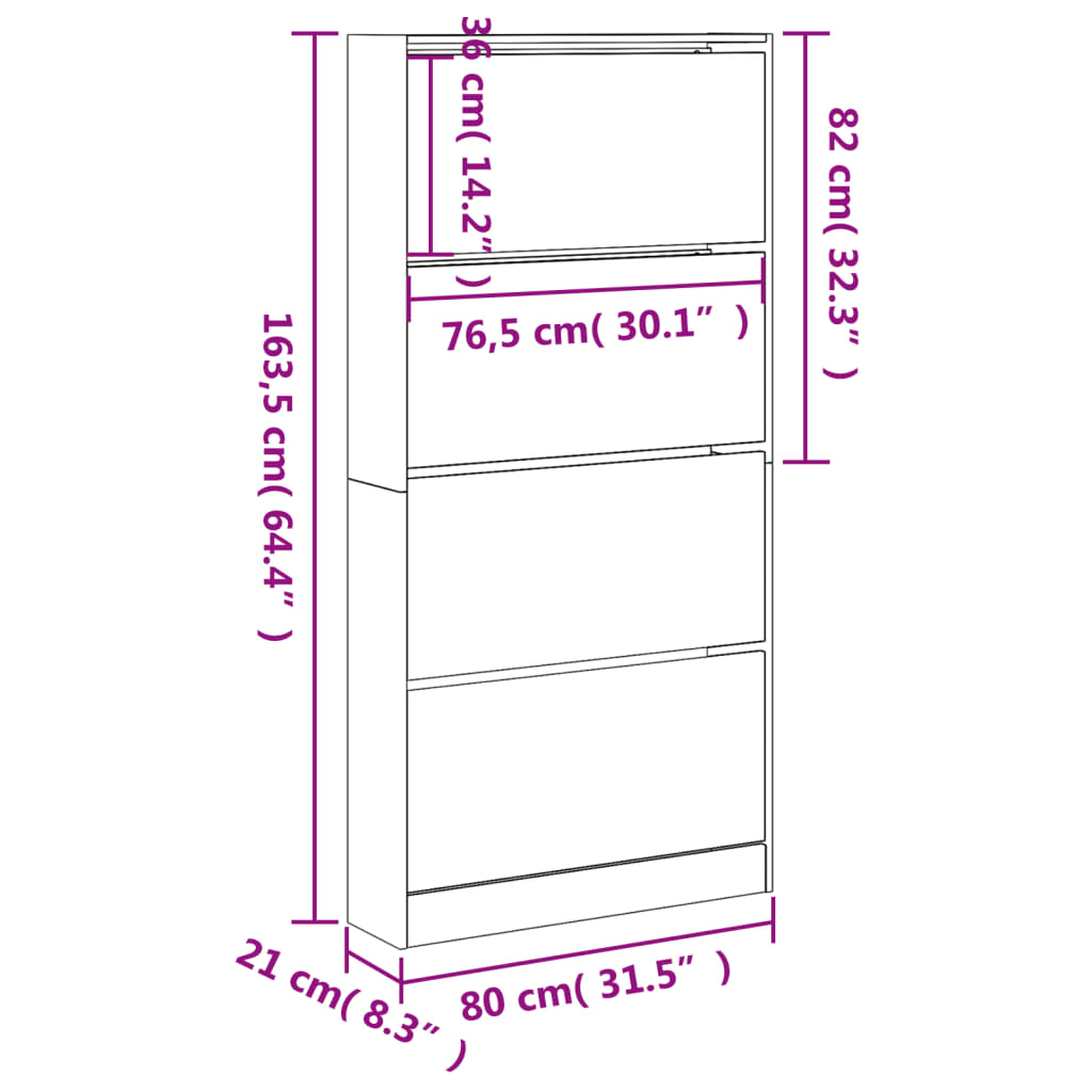 vidaXL Shoe Cabinet with 4 Flip-Drawers Black 80x21x163.5 cm