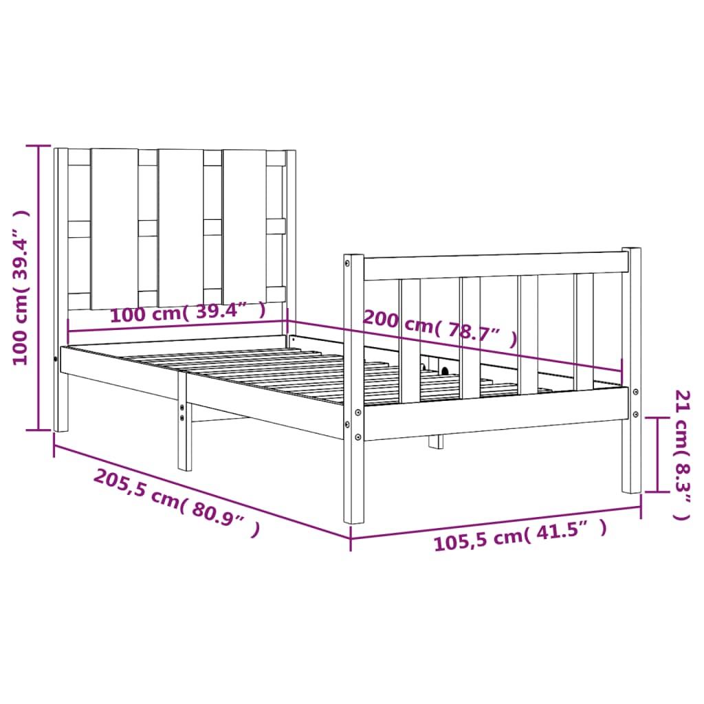 vidaXL Bed Frame without Mattress Black 100x200 cm Solid Wood Pine