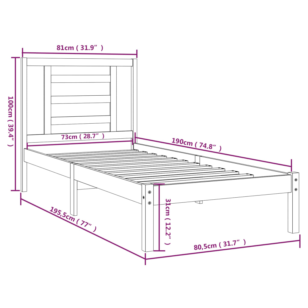 vidaXL Bed Frame without Mattress White 75x190 cm Small Single Solid Wood