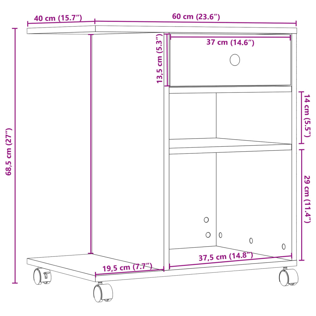 vidaXL Printer Stand with Wheels White 60x40x68.5 cm