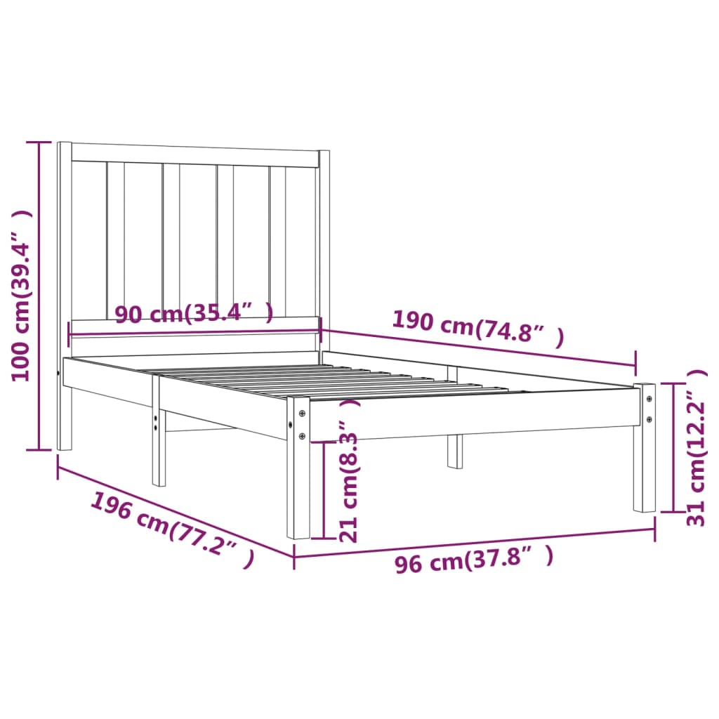 vidaXL Bed Frame without Mattress Solid Wood Pine 90x190 cm Single