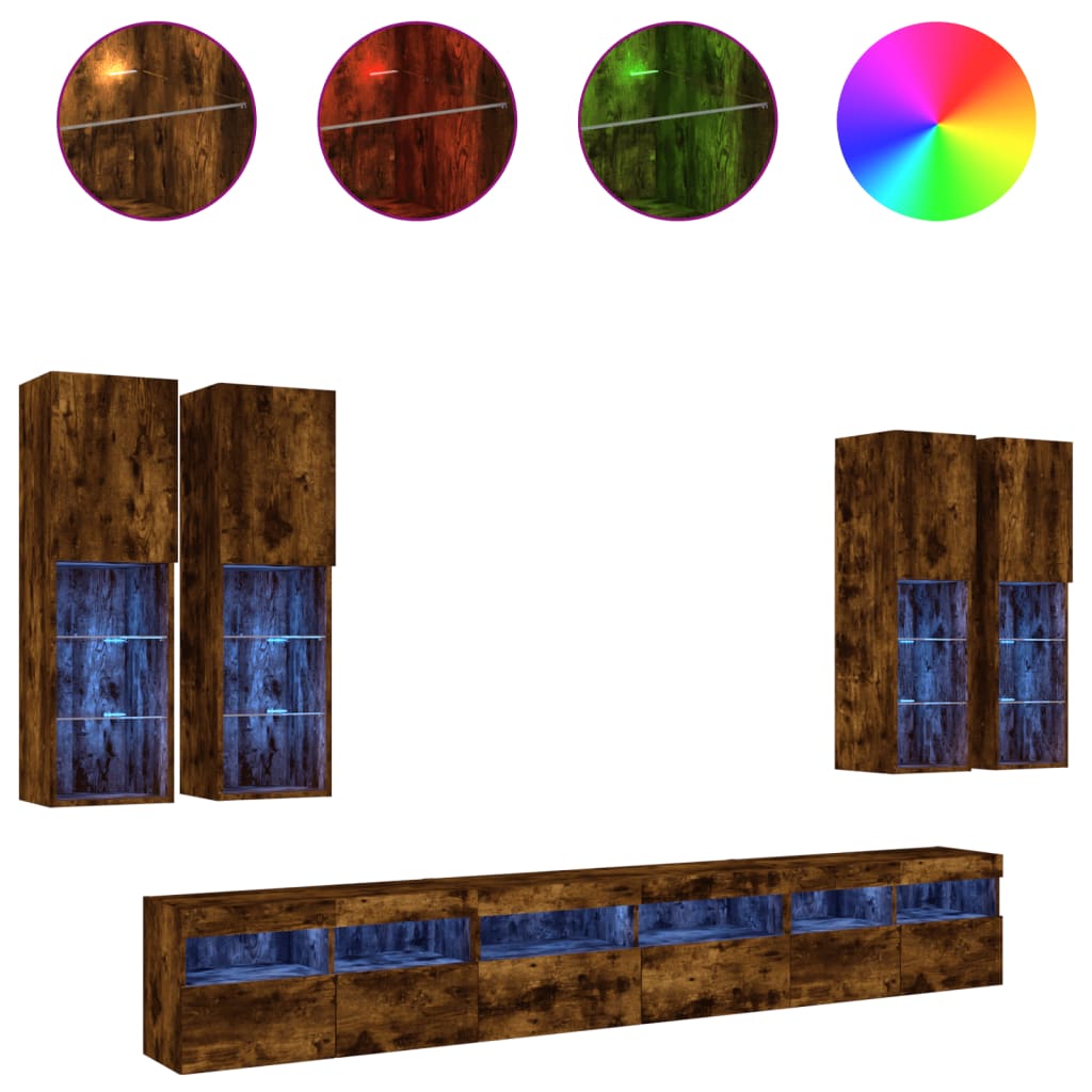 vidaXL 7 Piece TV Wall Cabinet Set with LED Lights Smoked Oak