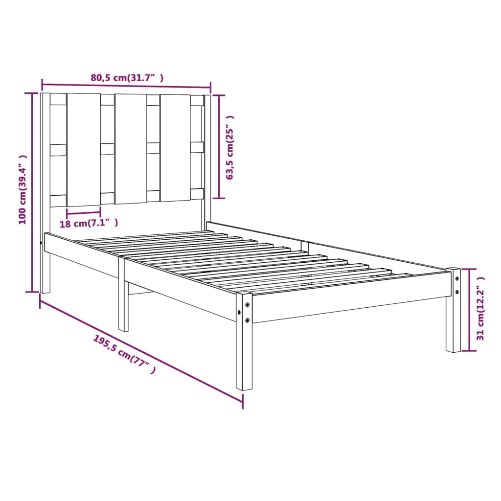 vidaXL Bed Frame without Mattress White 75x190 cm Small Single Solid Wood