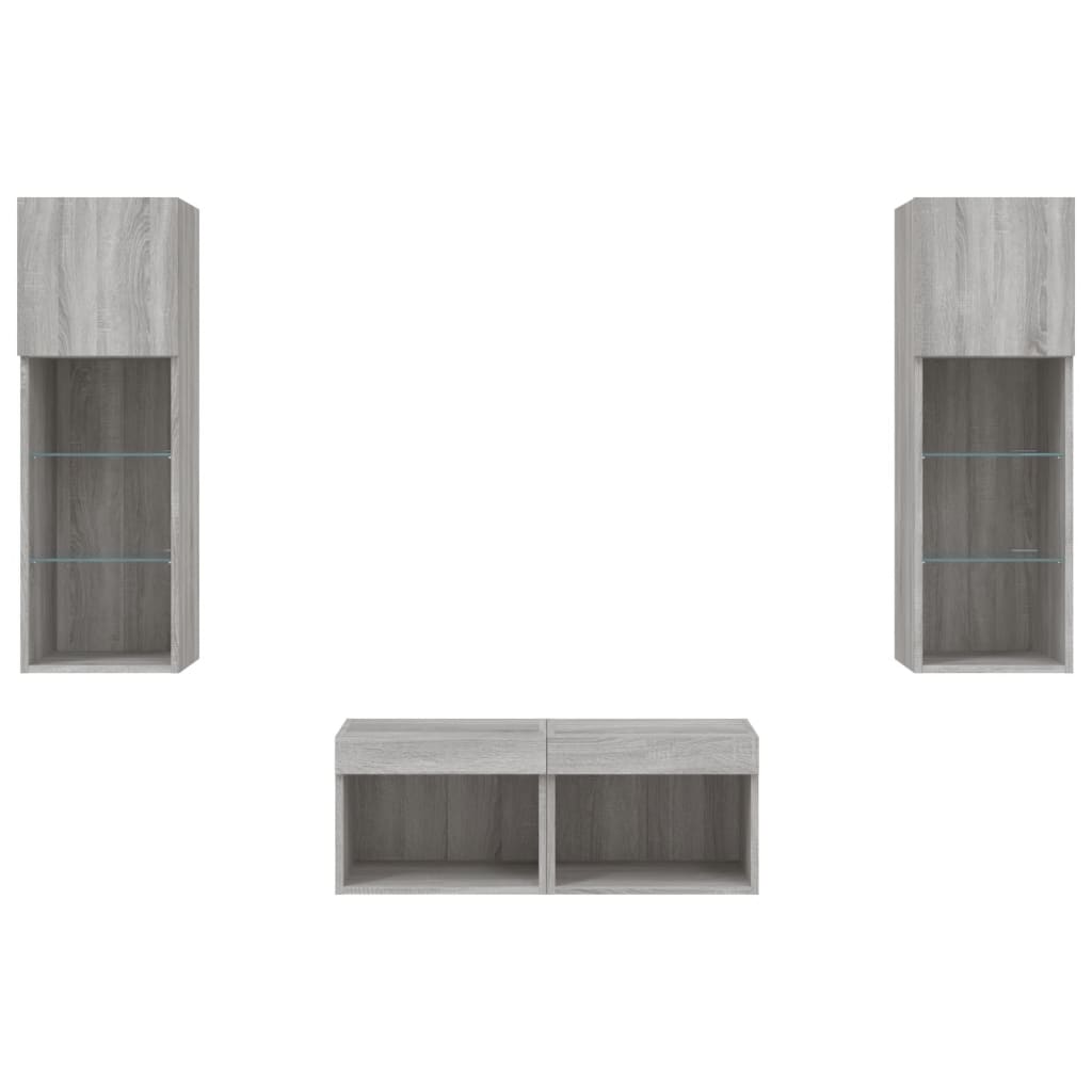 vidaXL 4 Piece TV Wall Cabinets with LED Lights Grey Sonoma