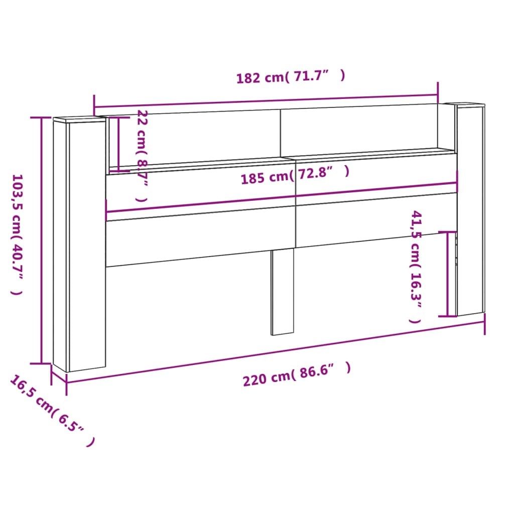 vidaXL Headboard Cabinet with LED Grey Sonoma 220x16.5x103.5 cm