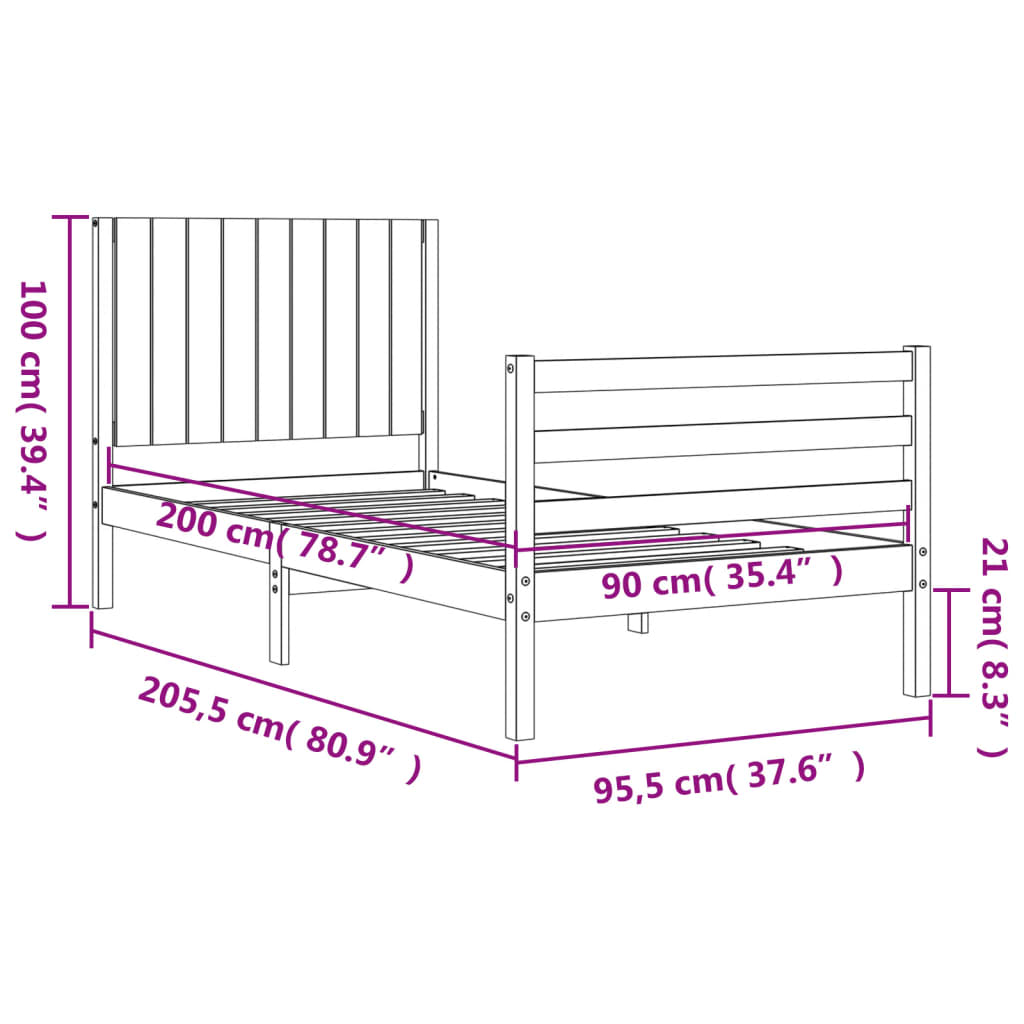 vidaXL Bed Frame without Mattress Black 90x200 cm Solid Wood