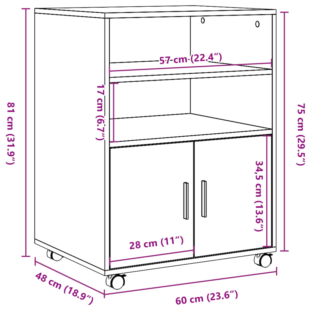 vidaXL Rolling Cabinet Black 60x48x81 cm Engineered Wood