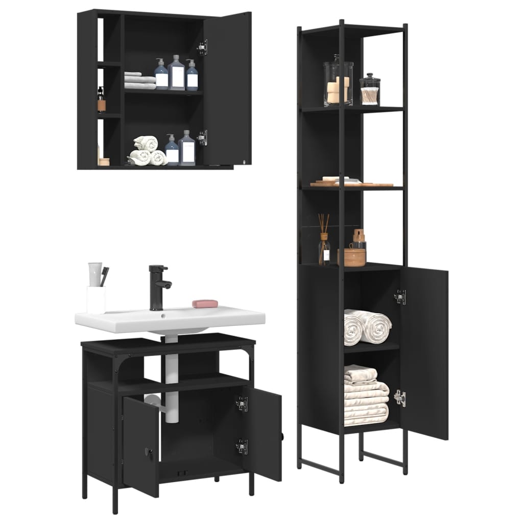 vidaXL 3 Piece Bathroom Cabinet Set Black Engineered Wood