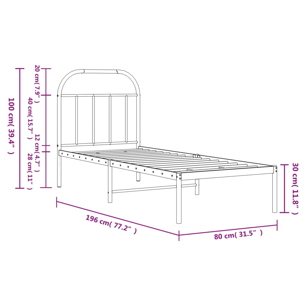 vidaXL Metal Bed Frame without Mattress with Headboard Black 75x190 cm Small Single