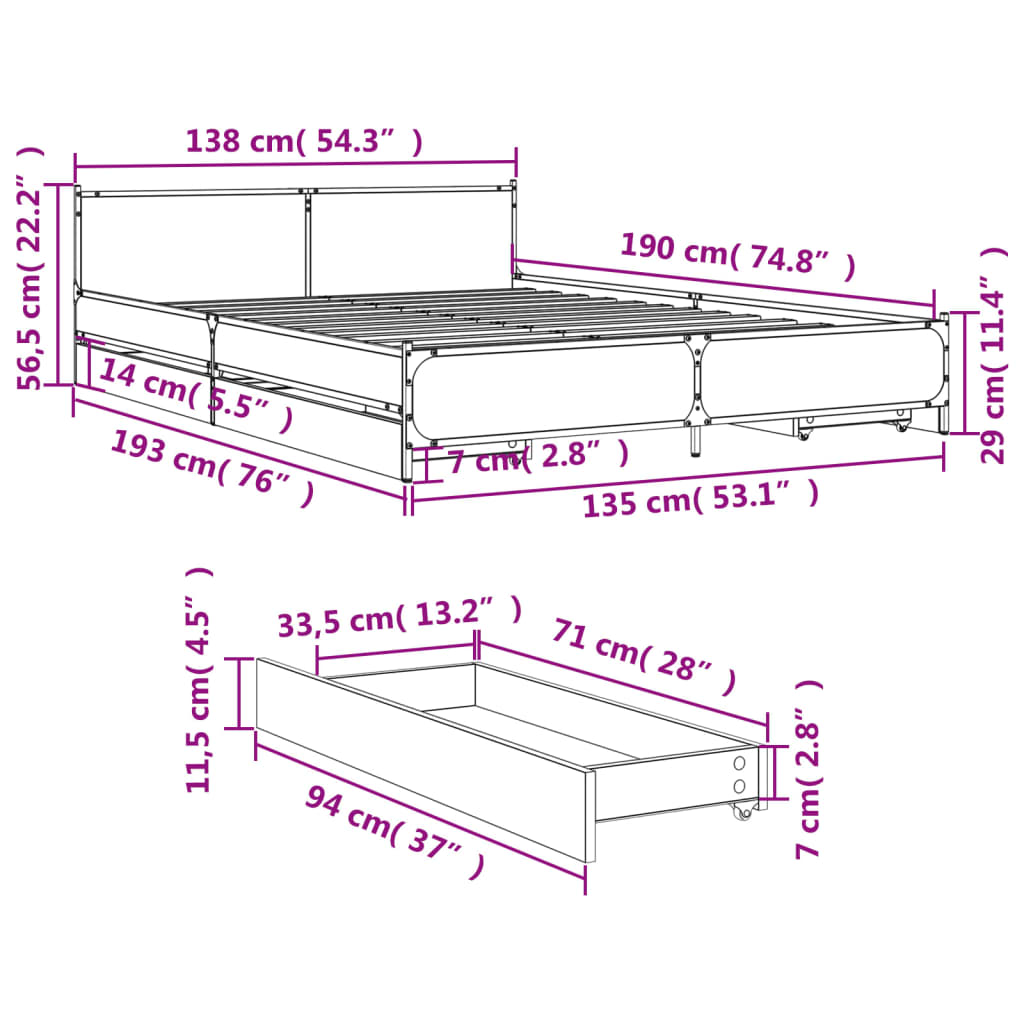 vidaXL Bed Frame with Drawers without Mattress Grey Sonoma 135x190 cm Double