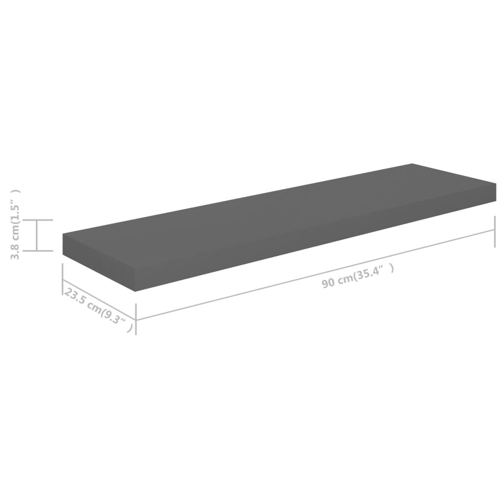 vidaXL Floating Wall Shelf High Gloss Grey 90x23.5x3.8 cm MDF