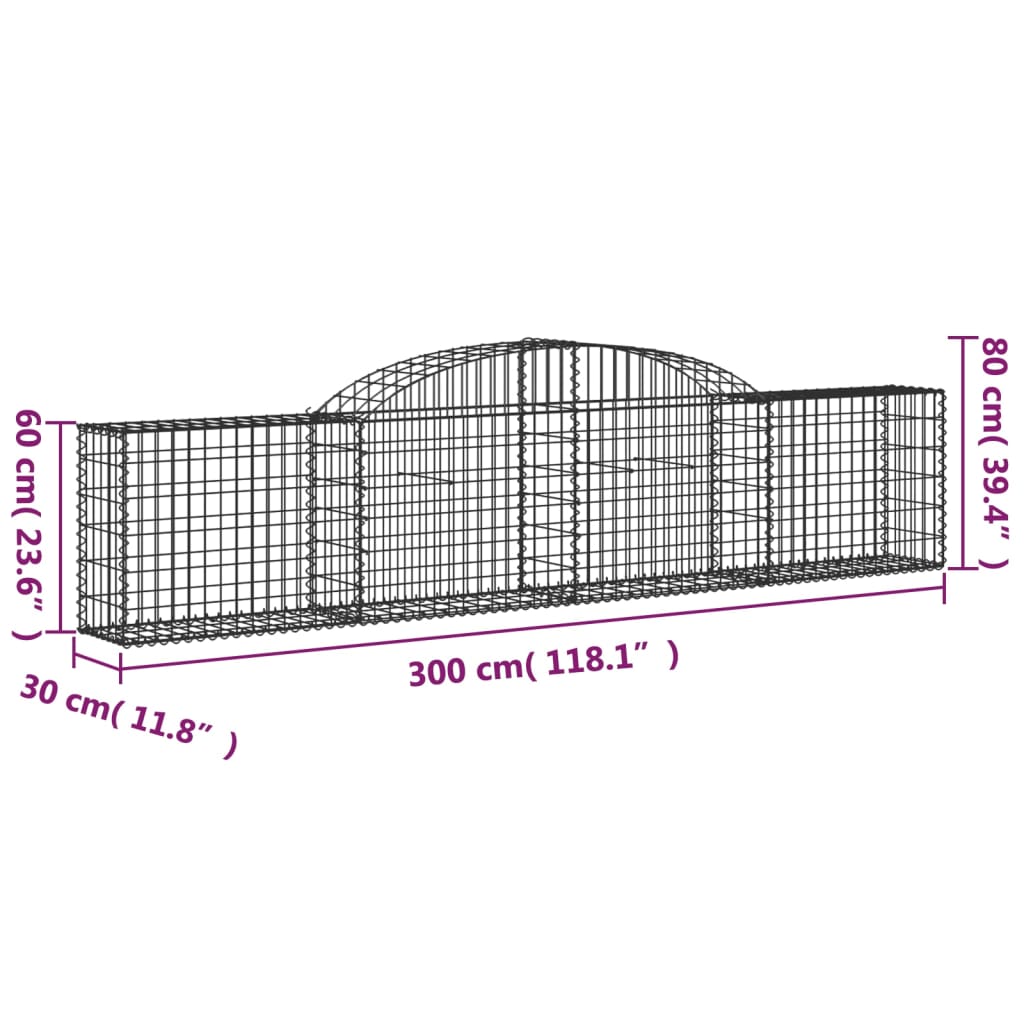 vidaXL Arched Gabion Baskets 17 pcs 300x30x60/80 cm Galvanised Iron