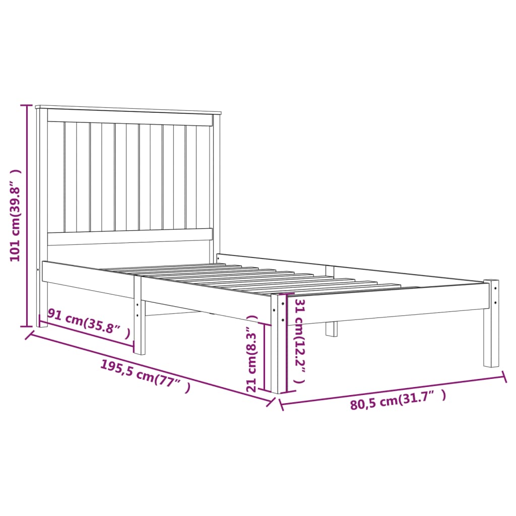 vidaXL Bed Frame without Mattress Black Solid Wood Small Single