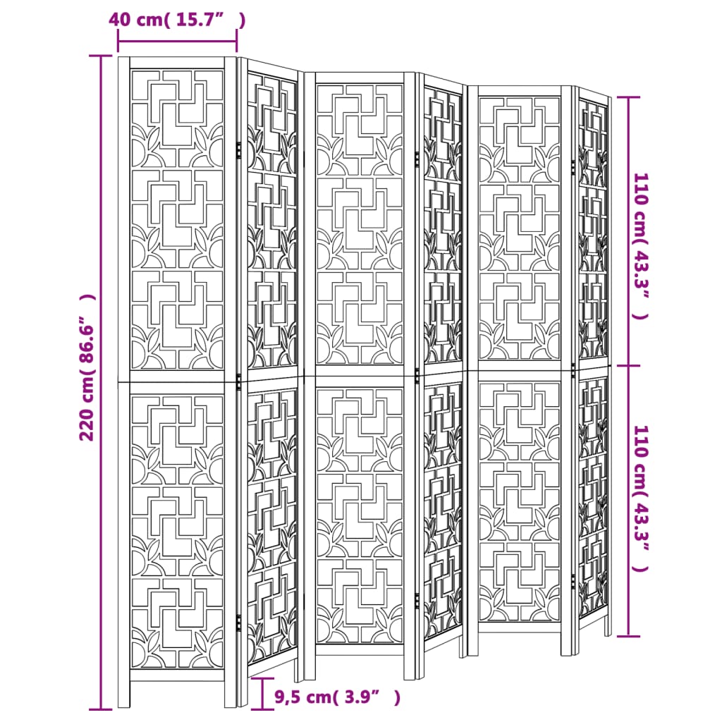 vidaXL Room Divider 6 Panels Brown Solid Wood Paulownia