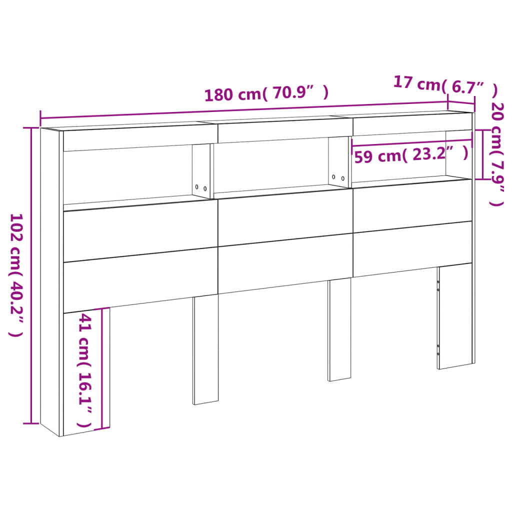 vidaXL Headboard Cabinet with LED Concrete Grey 180x17x102 cm