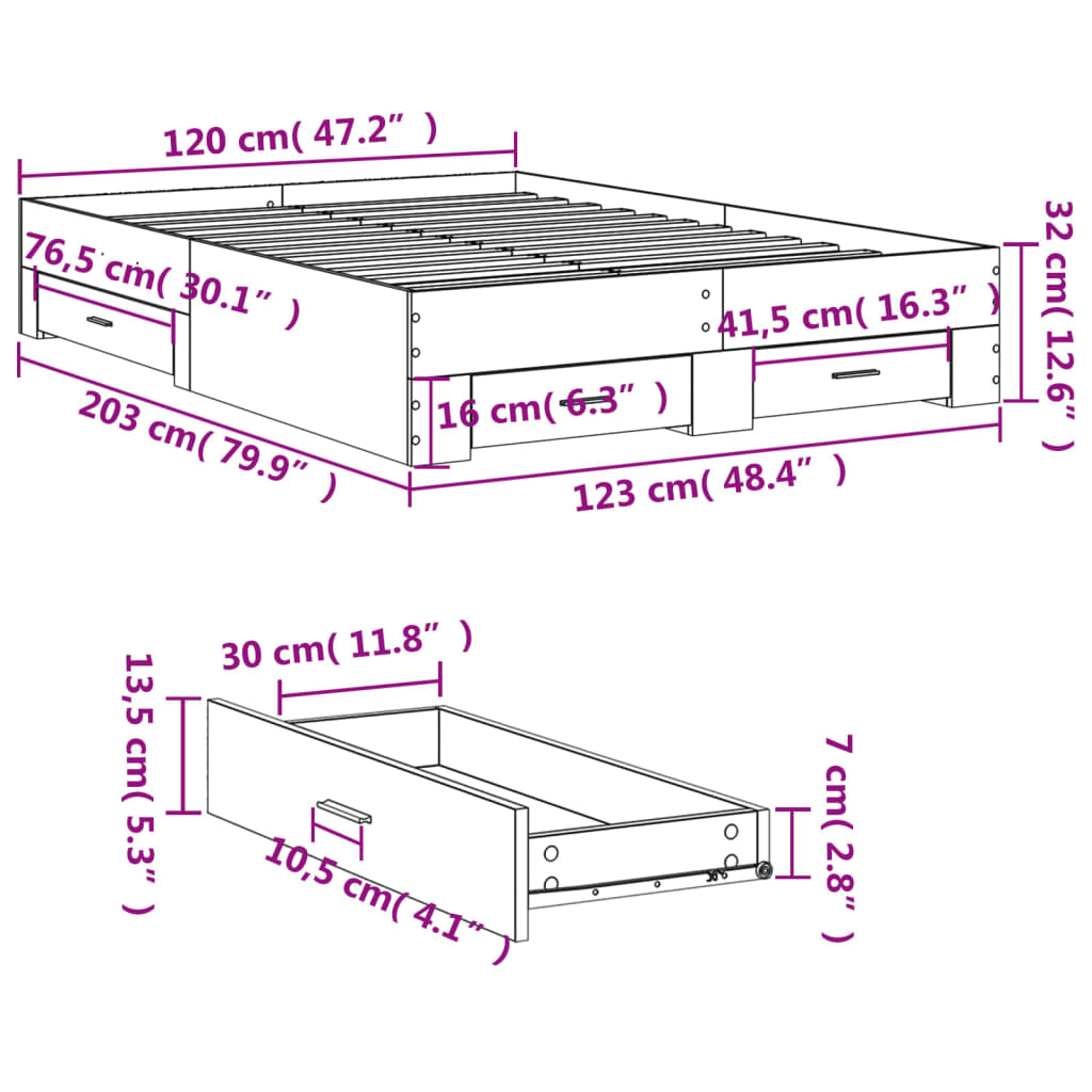 vidaXL Bed Frame with Drawers without Mattress Grey Sonoma 120x200 cm