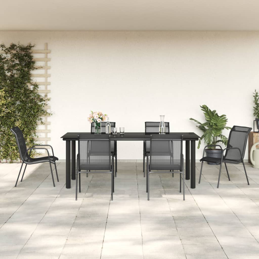 vidaXL 7 Piece Garden Dining Set Black Steel and Textilene