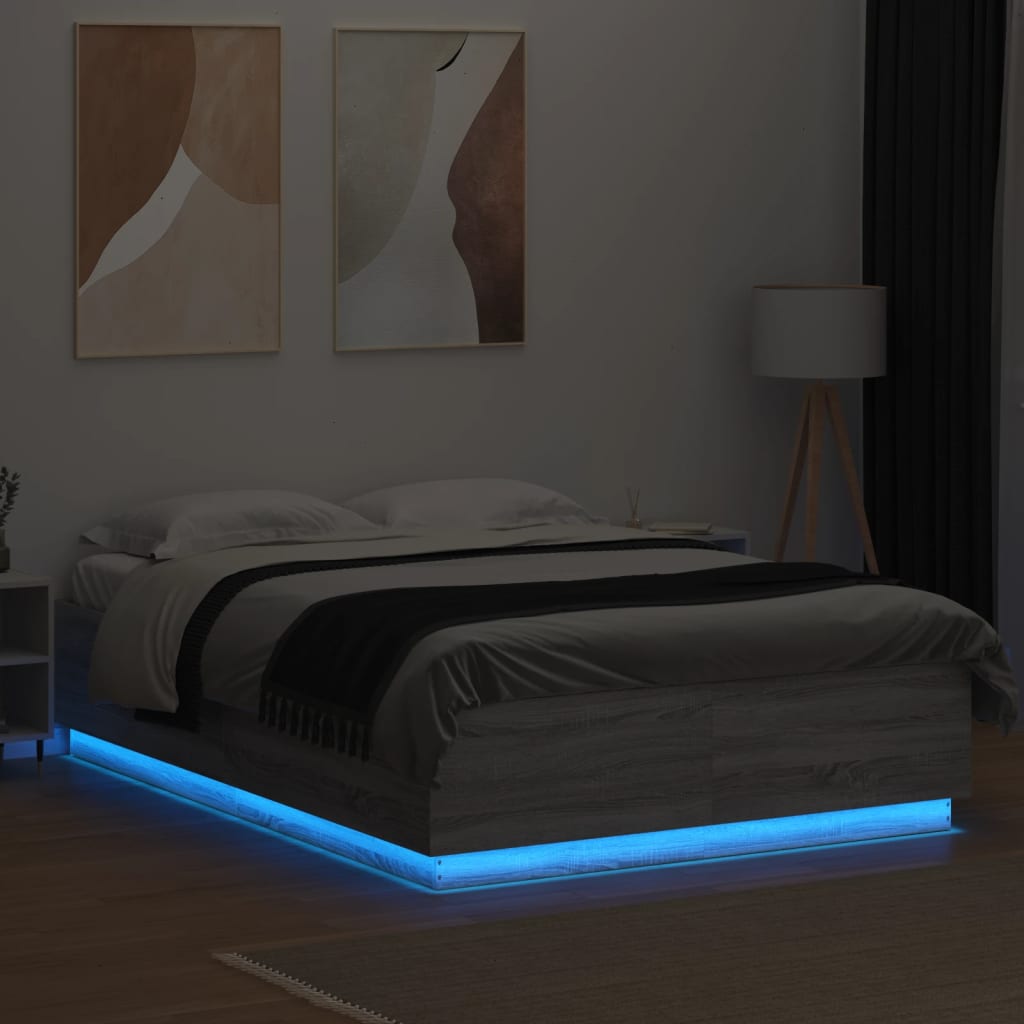vidaXL Bed Frame with LED Lights Grey Sonoma 120x200 cm Engineered Wood