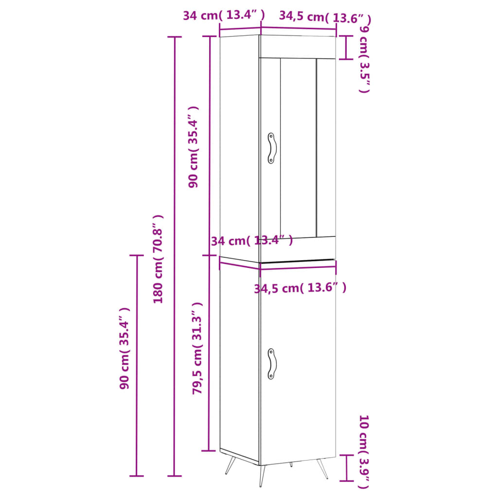 vidaXL Highboard Brown Oak 34.5x34x180 cm Engineered Wood