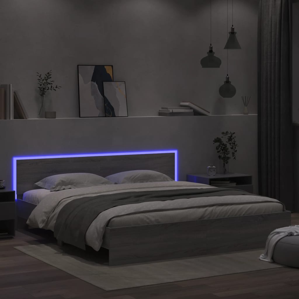 vidaXL Bed Frame with LED without Mattress Grey Sonoma 180x200 cm Super King