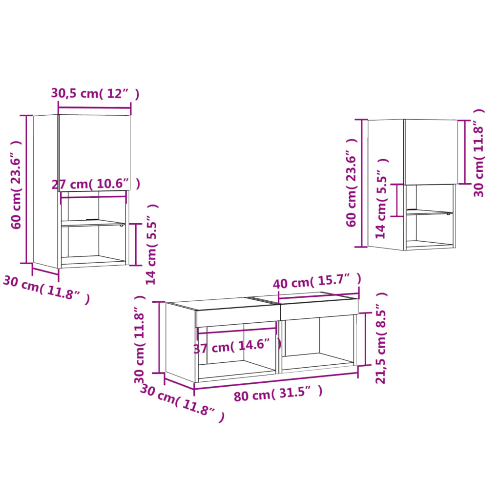 vidaXL 4 Piece TV Wall Cabinets with LED Lights Concrete Grey