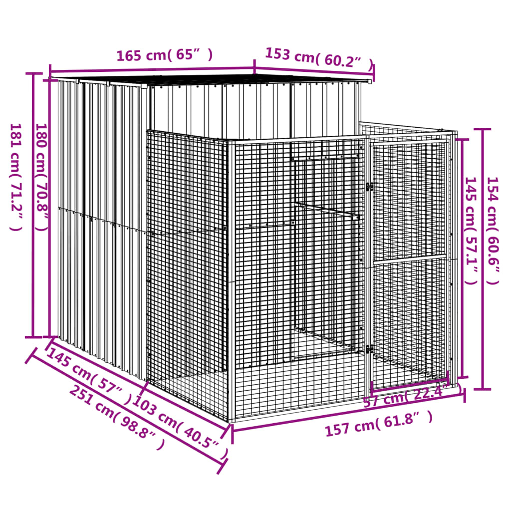 vidaXL Dog House with Run Light Grey 165x251x181 cm Galvanised Steel